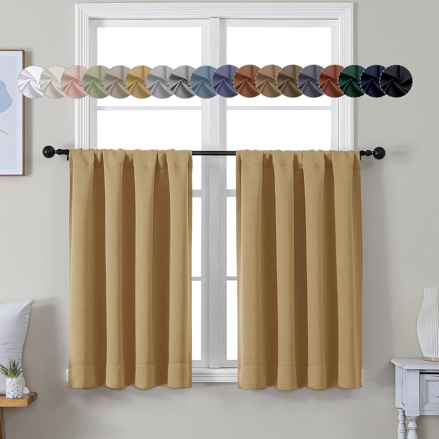 Ava Gold Short 36 Inches Blackout Curtain 2 Panels Set, Half Window Rod Pocket P