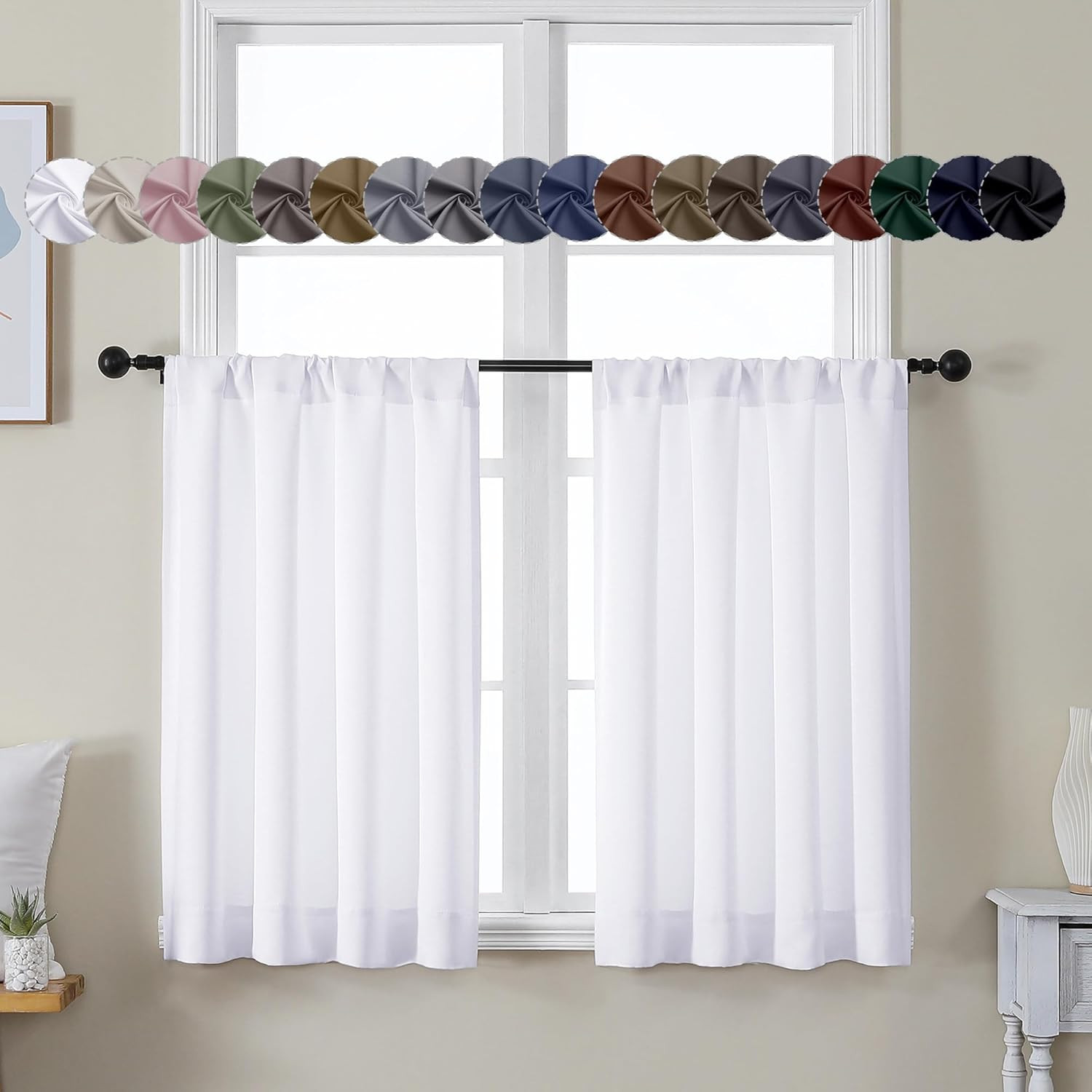 Ava Pure White Curtains 36 Inches Long 2 Panels, Light Filtering Half Window Rod