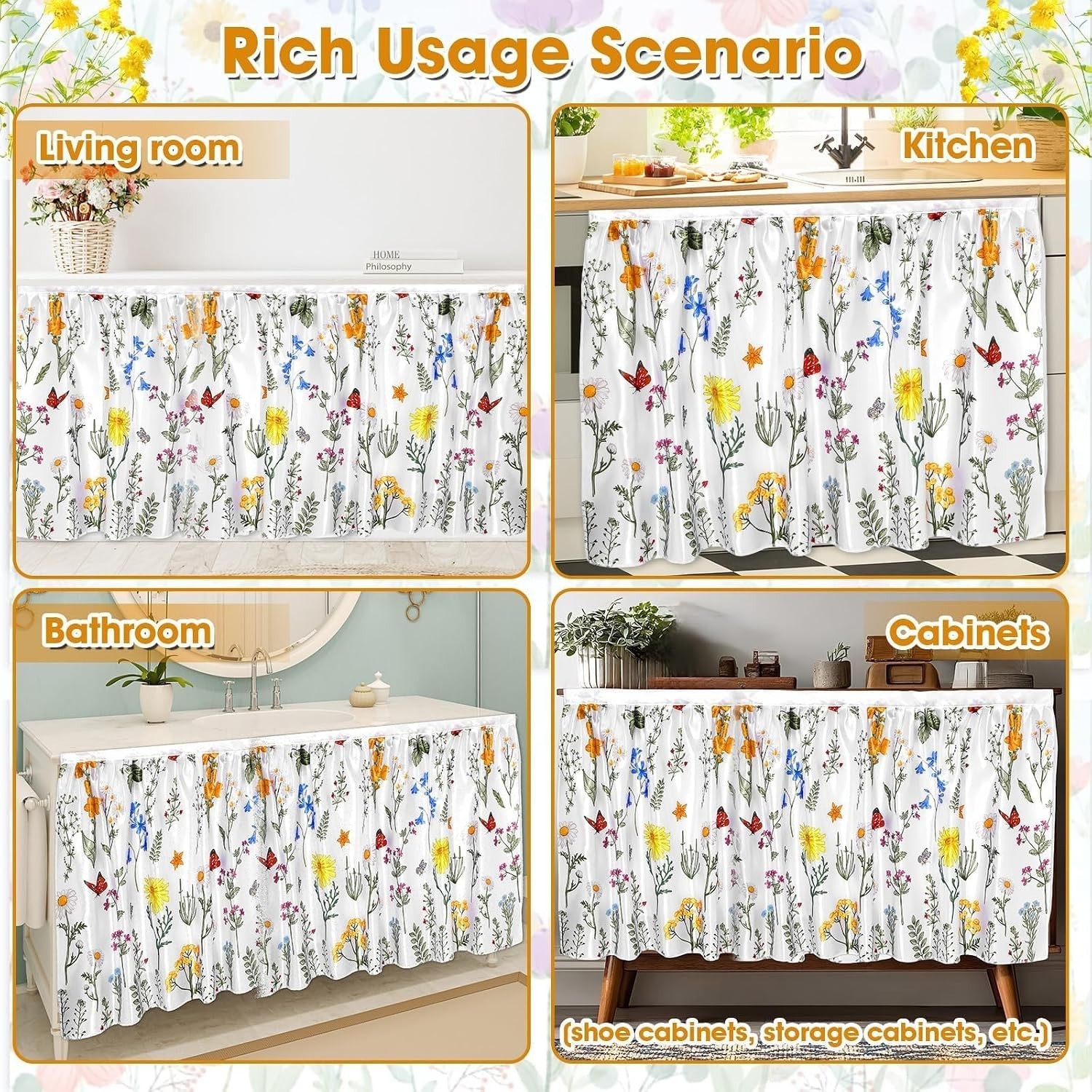 Chic 28 x 51 in Cabinet Curtain with Colorful Floral Design – Easy to Install