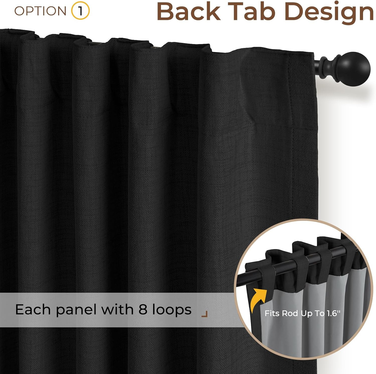 100% Blackout Curtains 84 Inches Length 2 Panels , Back Tab/Rod Pocket Linen Bla