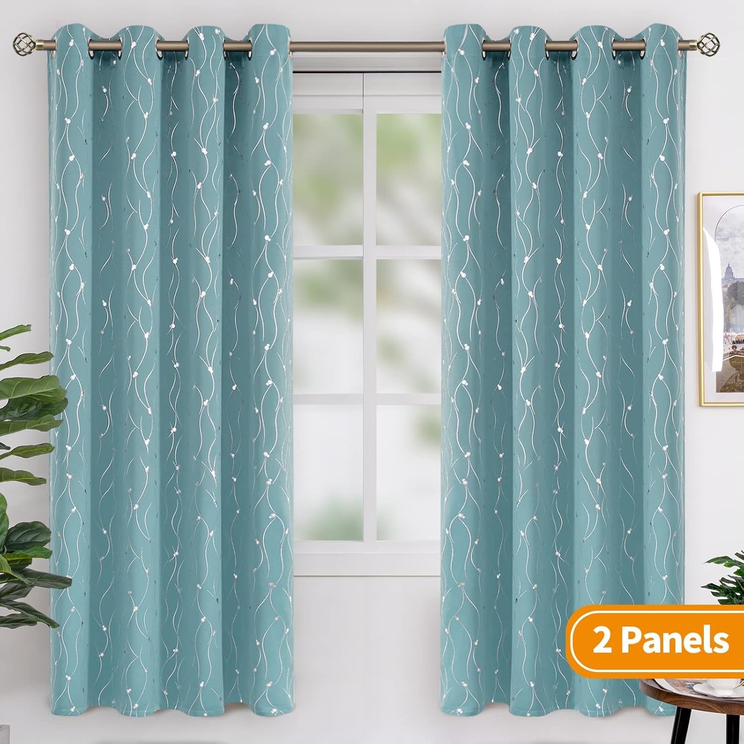 Luxurious Wave Line & Dots Blackout Drapes – 52 x 72 Inch Panels in Aqua