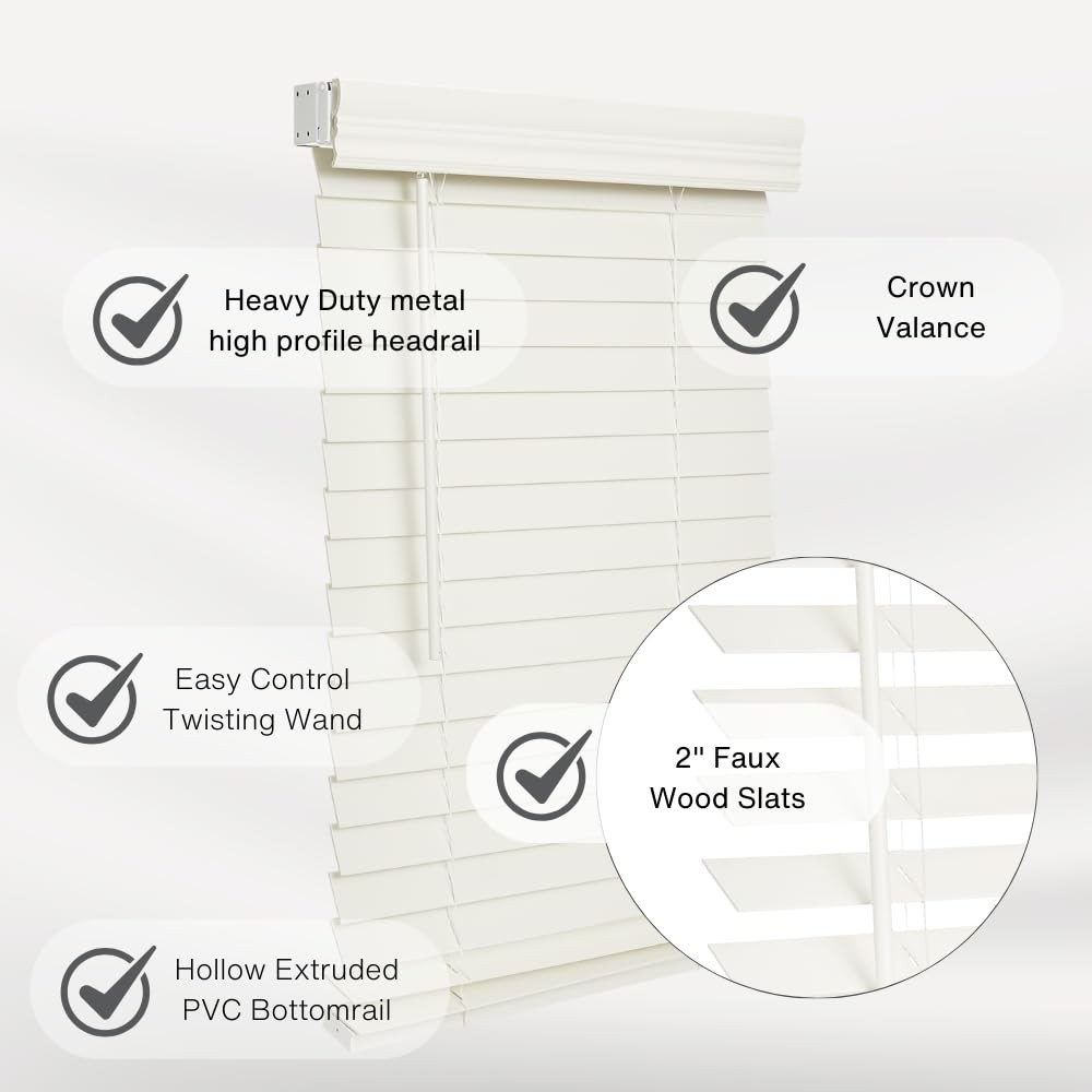 Cordless 2-inchFaux Wood Blind 12″ Wide x 84″ Long,(Soft White-Antique White)…