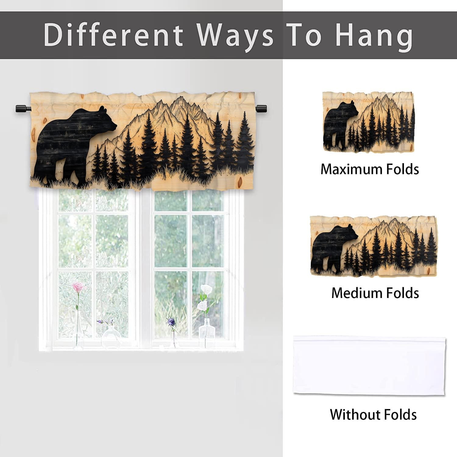 Rustic Lodge Cabin Bear Farmhouse Valance Curtain For Kitchen Windows 2PK 54×18″