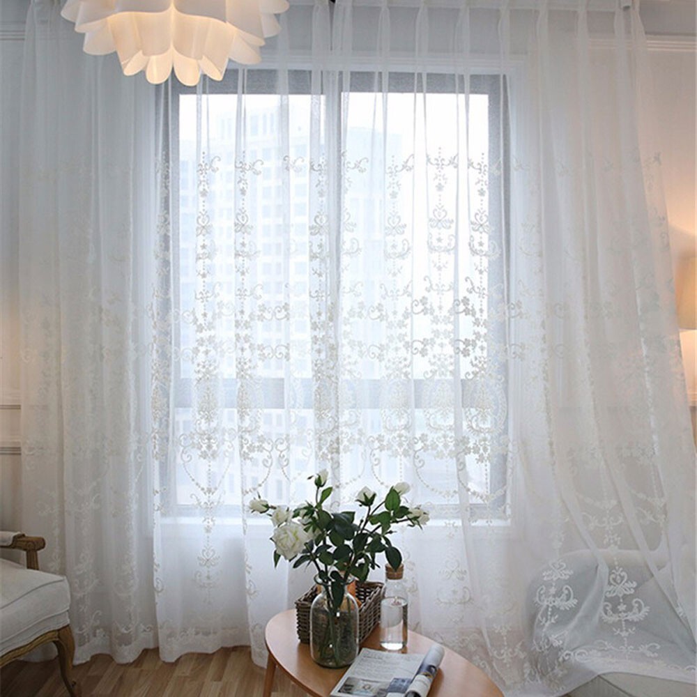 White Embroidery Floral Sheer Curtains Voile Drapes Panels Grommet Top Bedroom