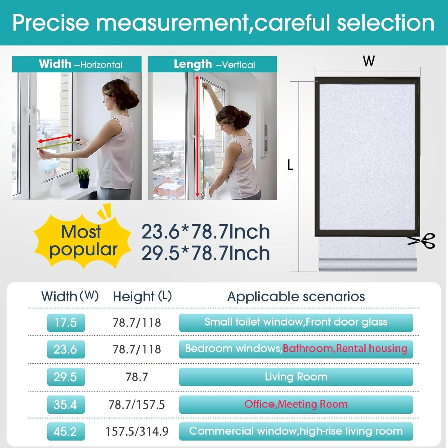 Frosted Glass Privacy Film 17.5 x 78.7 Inch – UV Blocking, Anti-Glare, Renter…