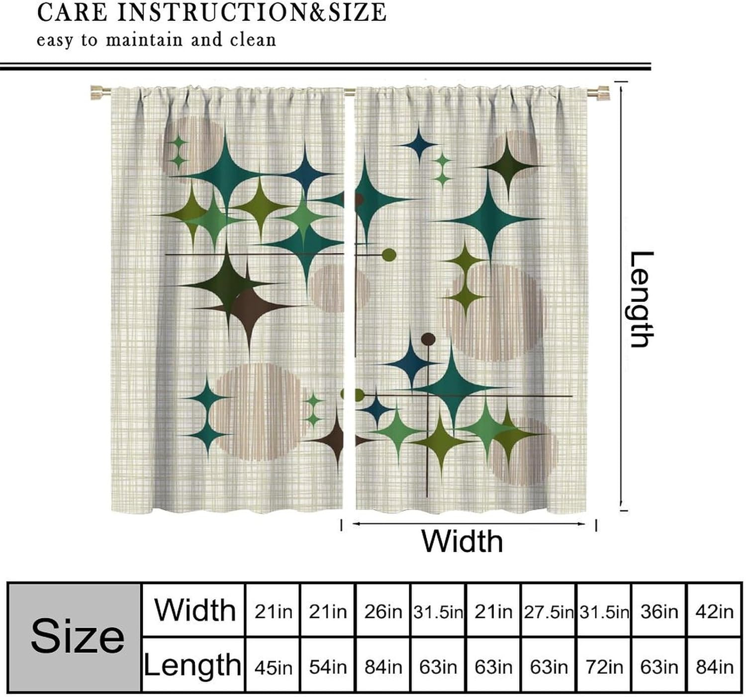 Mid Century Starbursts Window Curtain, Atomic Inspired Print Curtains for Living