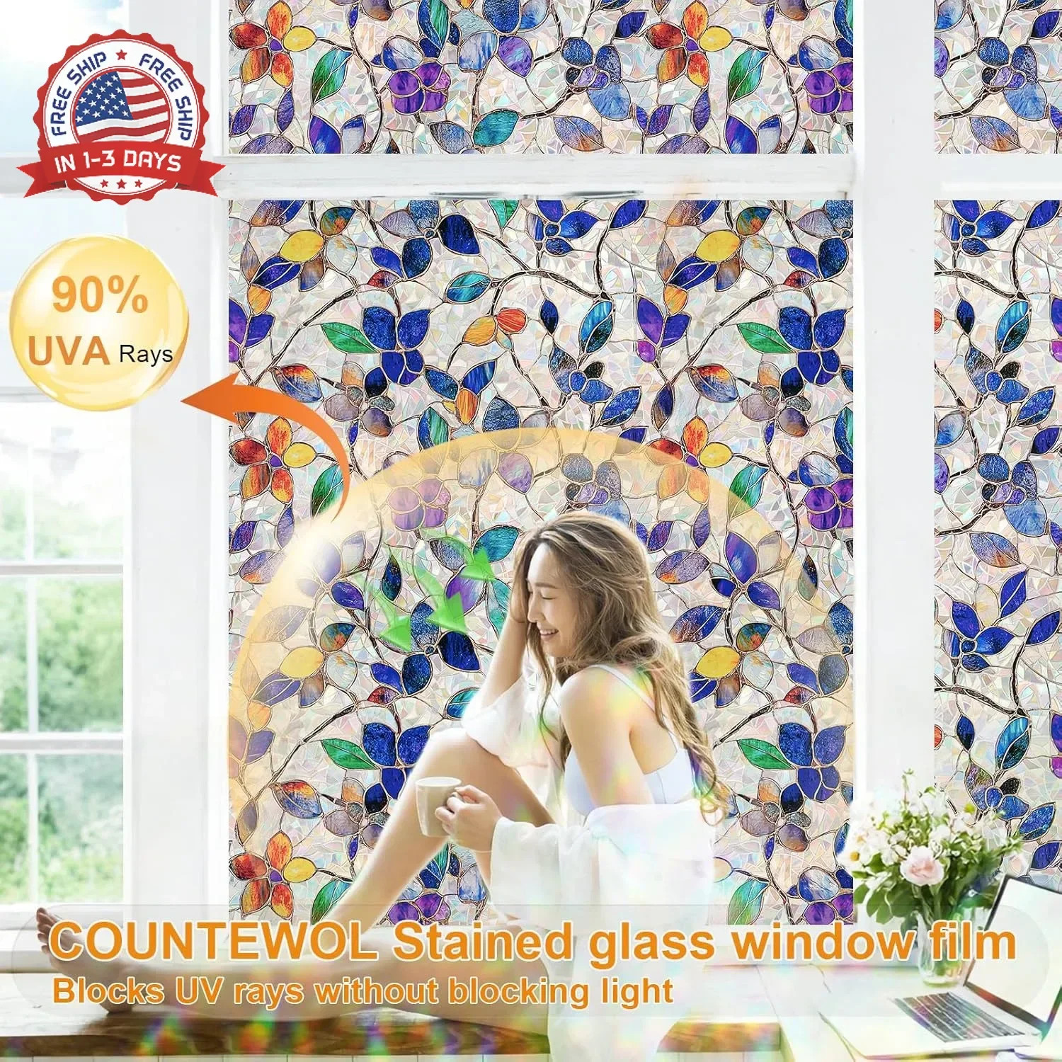 COUNTEWOL Window Privacy Film with Installation Tools Home Decorative Colored Gl