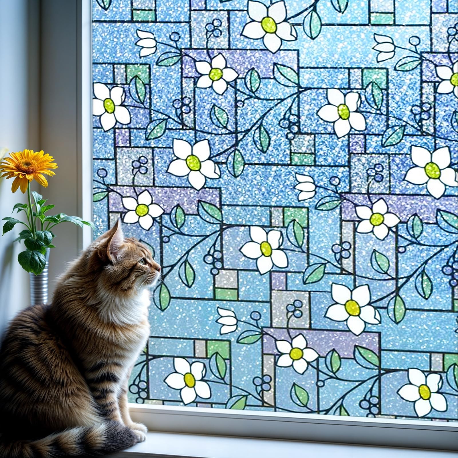 DUOFIRE Stained Glass Window Film Color Flower 17.4 x 78.7 inches, Dp003-1