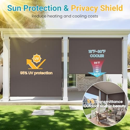 Outdoor Roller Shade, 420GSM New Material Sun Shades Outdoor 96″W x 96″H Brown