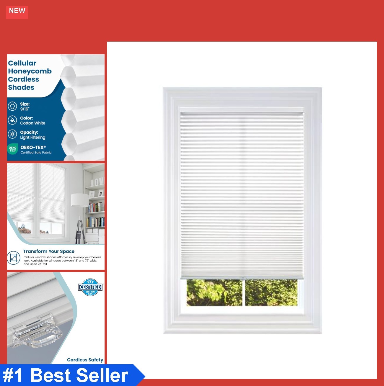 Cellular Shade 23×72 Cordless Honeycomb Light Filtering White Thermal