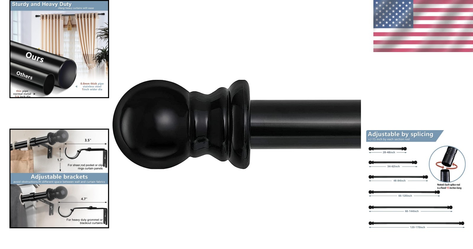Extendable Black Curtain Rod – 120″-200″ for Sliding Doors