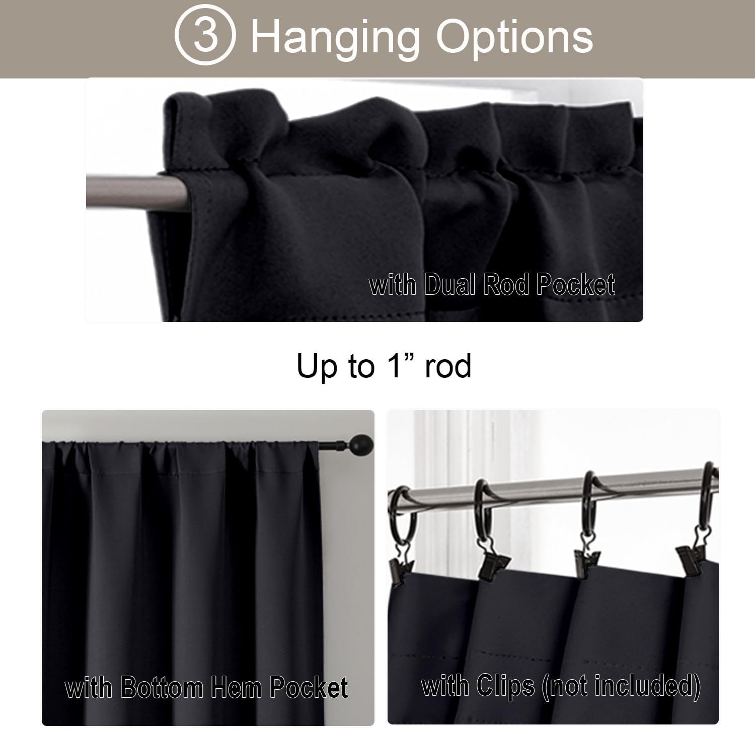Black Blackout Curtains 30 Inch Length, Short Kitchen Curtains for Bedroom
