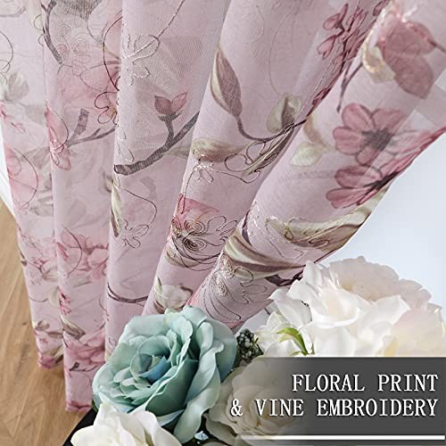 Sheer Tier Curtains Flower Leaf Printed Floral 30″W x 36″L (Pack of 2) Pink
