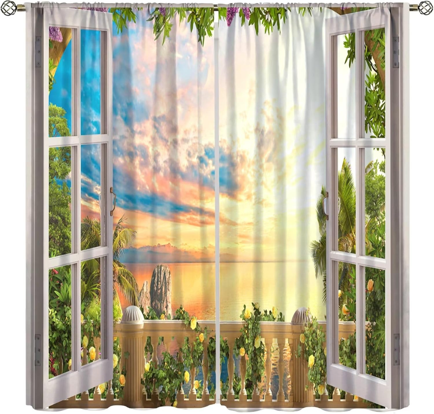 Nature Landscape Curtains，Beautiful Sunset Ocean Scenery Rod Pocket Decor Window