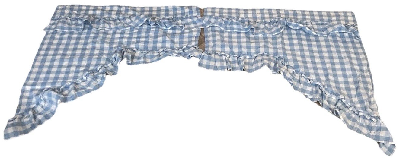 VHC Brands April & Olive Ruffled Gingham Blue Valance Curtains *TWO SETS* ~ EUC