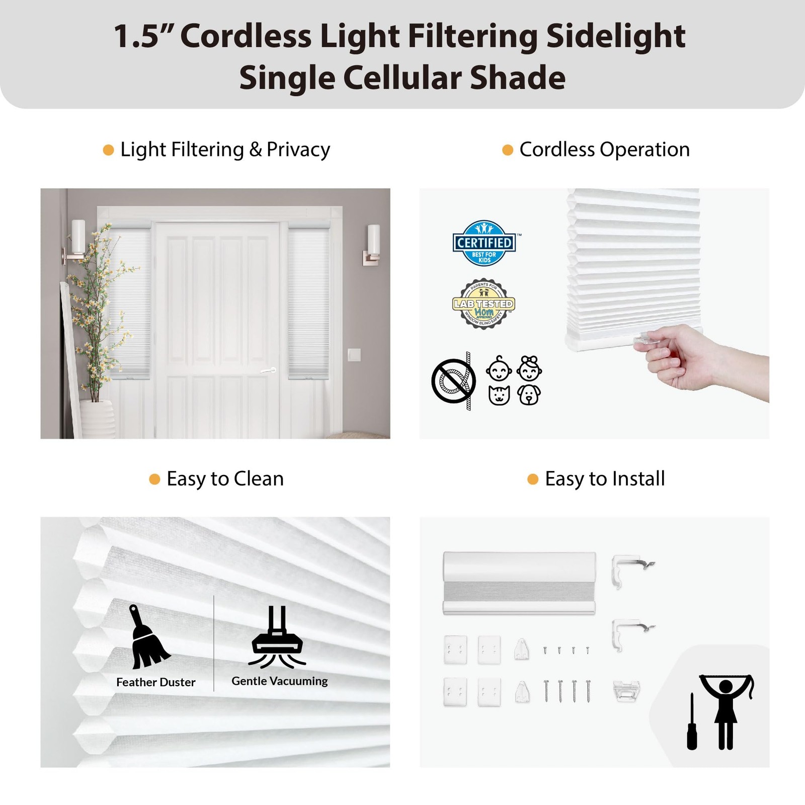Cordless 1.5″ Light Filtering Sidelight Cellular Shade, 7″ W x 72″ H, White