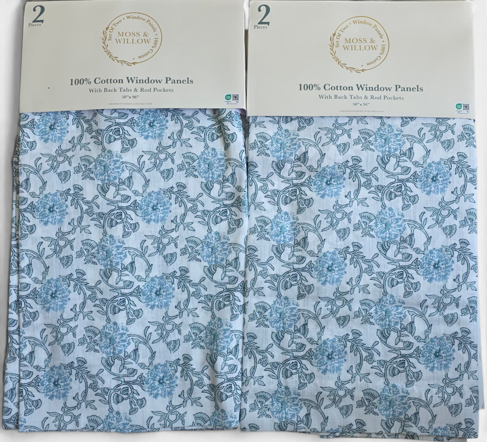 Moss & Willow Set of 4 Curtain Panels Blue Floral Vine Cotton 50×96 Farmhouse