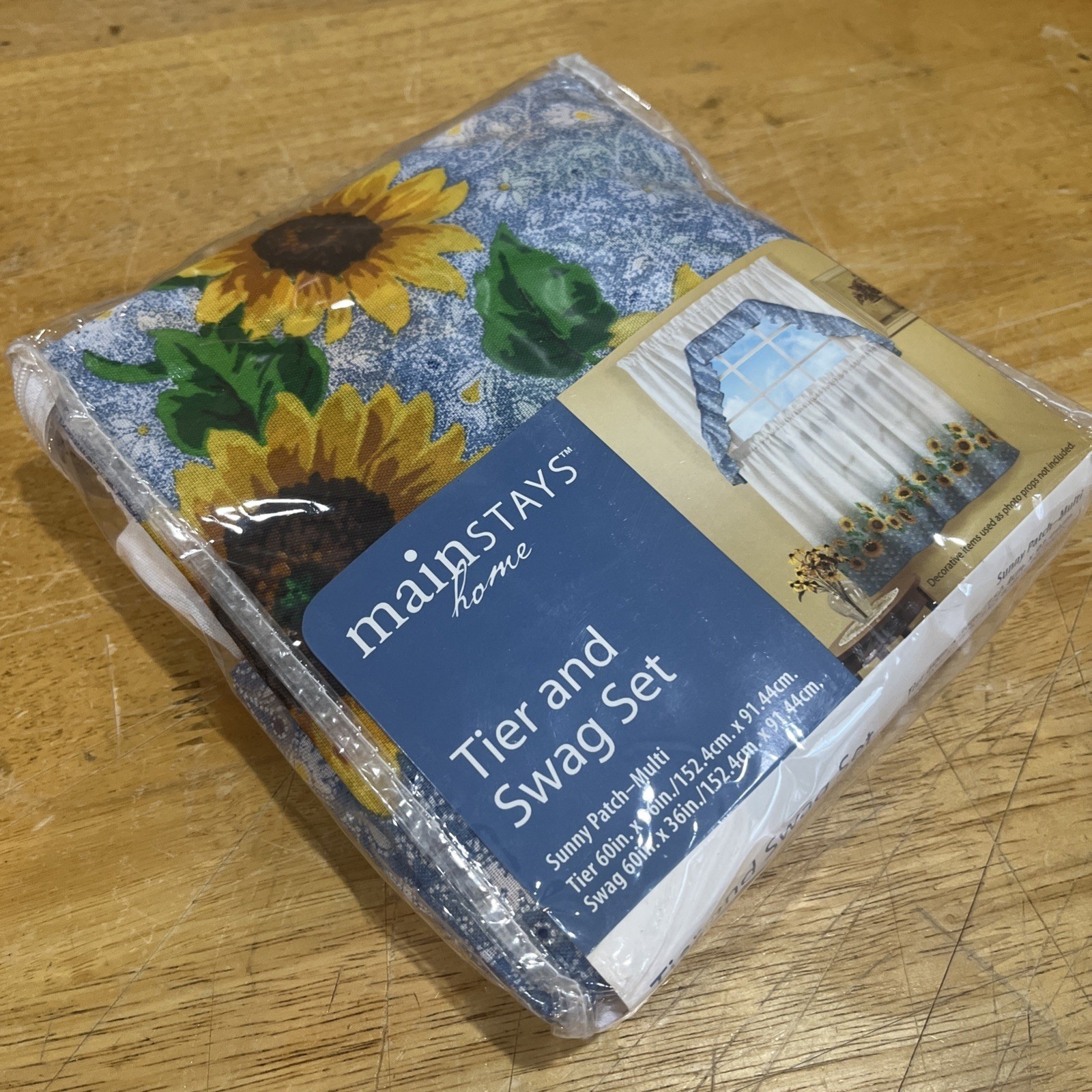 Mainstays Sunflower Blue Patch Tier & Swag Set Kitchen Vtg Curtains 60×36″
