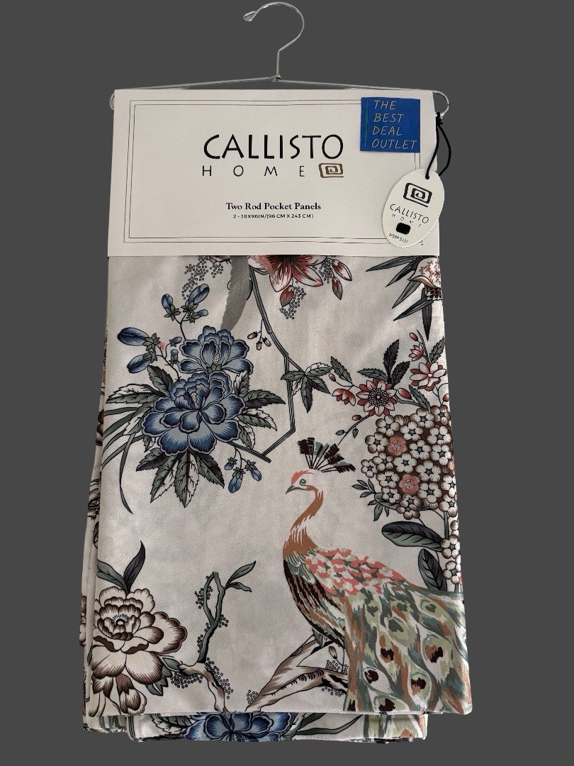 CALLISTO Window Curtains 2 Panels 38” X 96″ Peacock Birds Drapers Back Top Ivory
