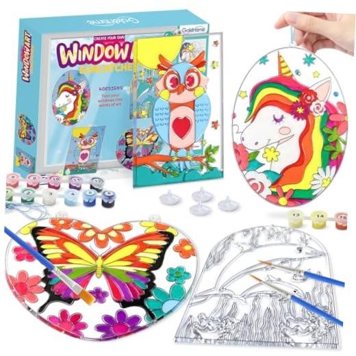 Window Art for Kids Including 4 Large Suncatcher Crafts, 18 Window Paints blue