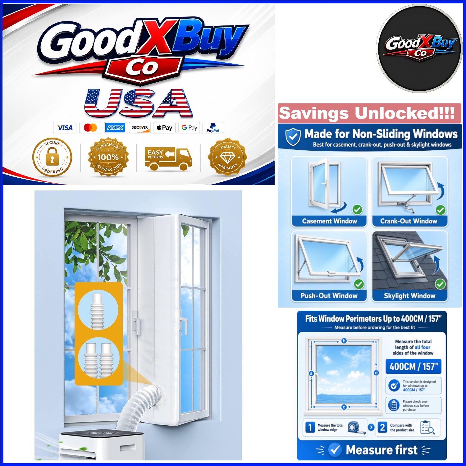 Adjustable Portable AC Window Seal Kit for Casement, Skylight Windows 157″