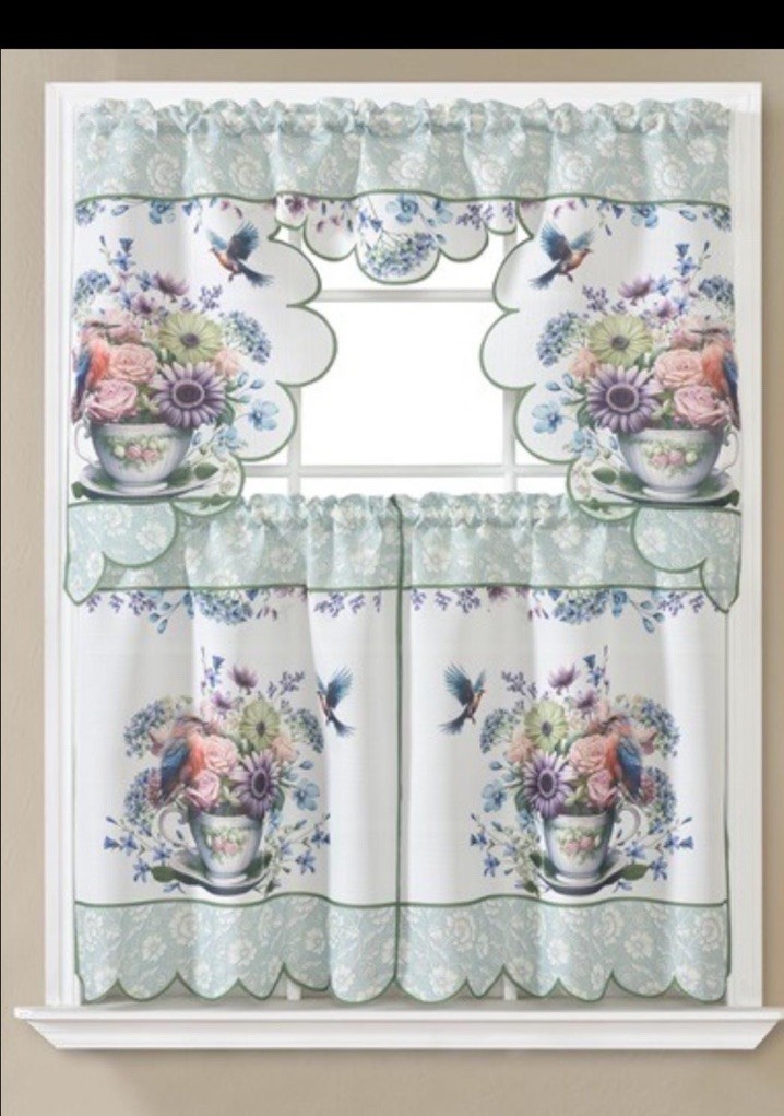 Floral & Bird Curtain & Tiers Set Multicolor Kitchen curtain 60x36in
