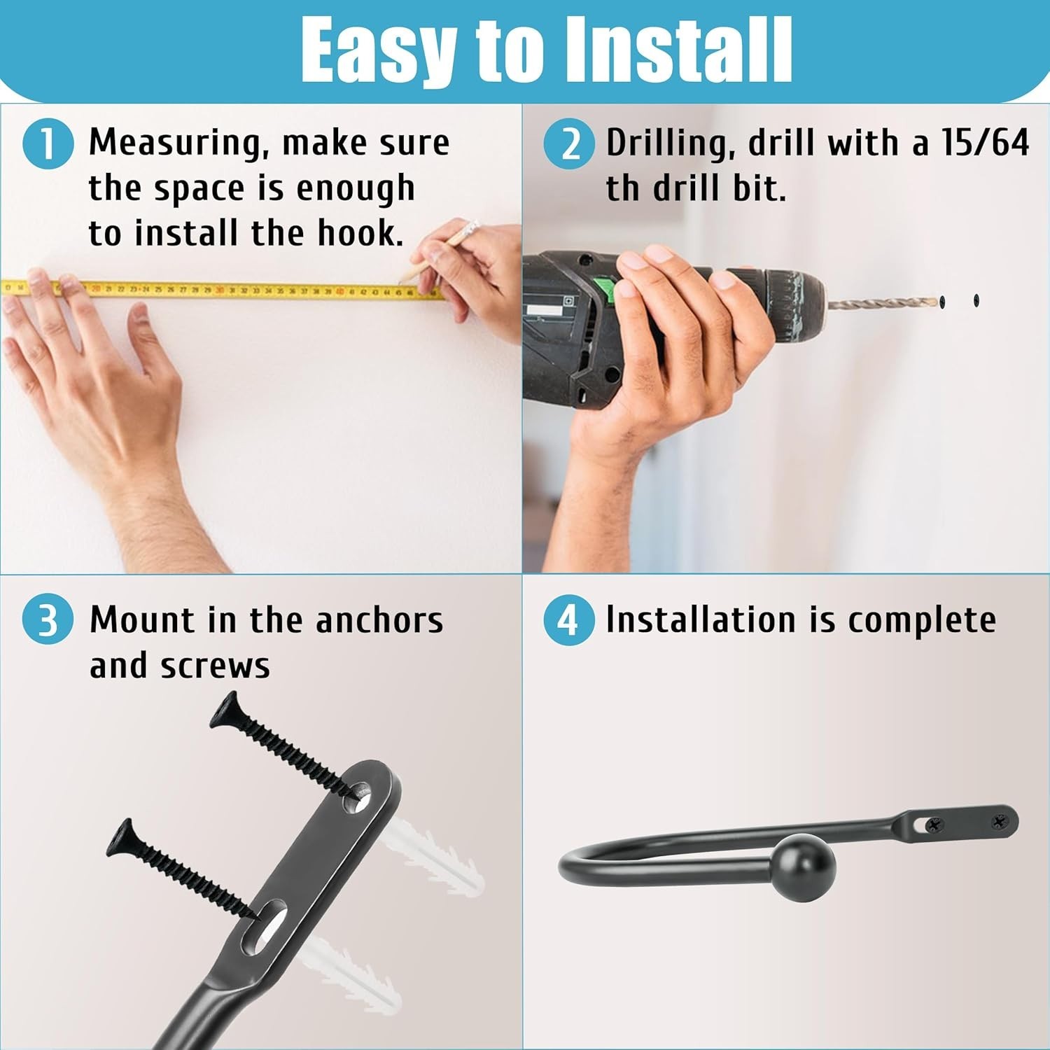 8pcs Black Wall Mount Curtain Tiebacks Aluminum Hooks, 6 inch