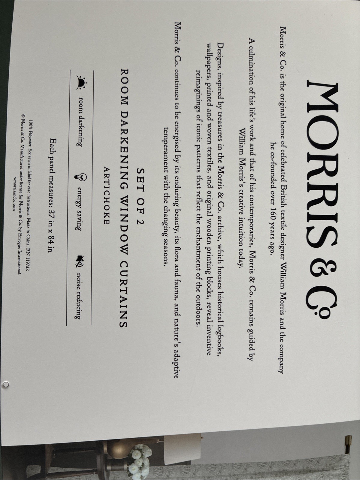 New Morris & Co Artichoke Green 2 x 37″ x 84″ Ivory Room Darkening Curtains