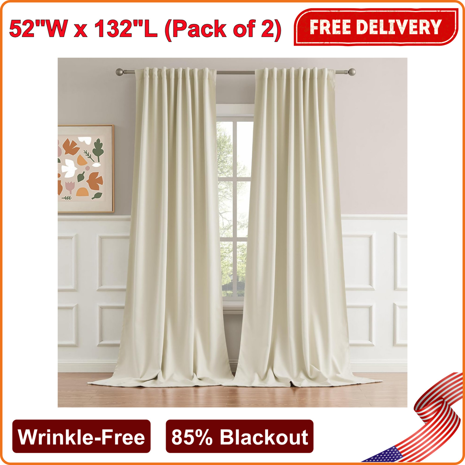 2 Long Curtains For High Ceiling Extra Long Drapes 132″, Beige Soft Faux Silk