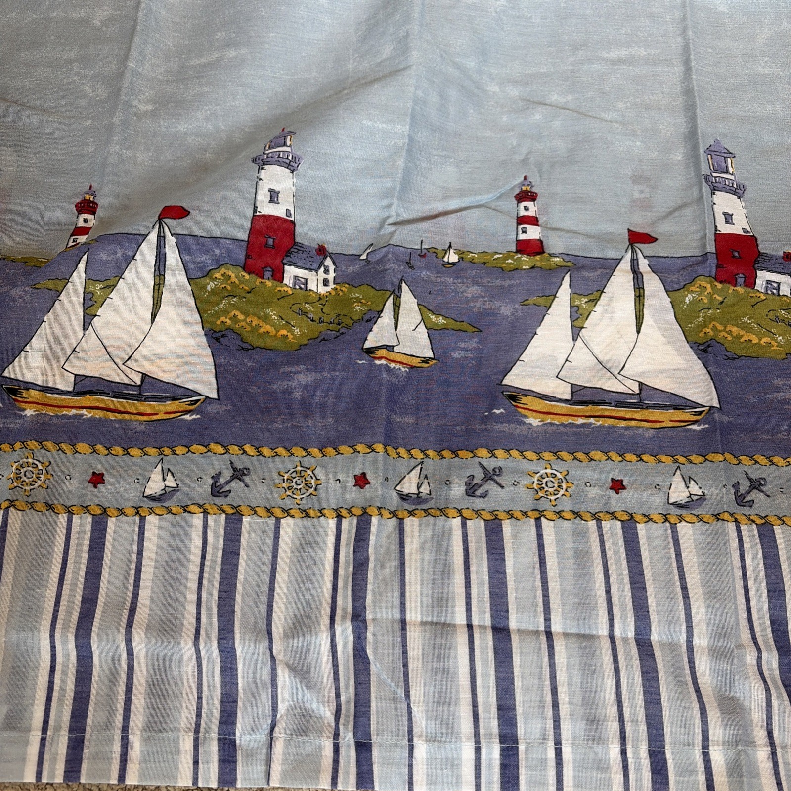 Nautical Curtain Set Swag & Panels Blue Lightweight Lighthouse Summer NEW
