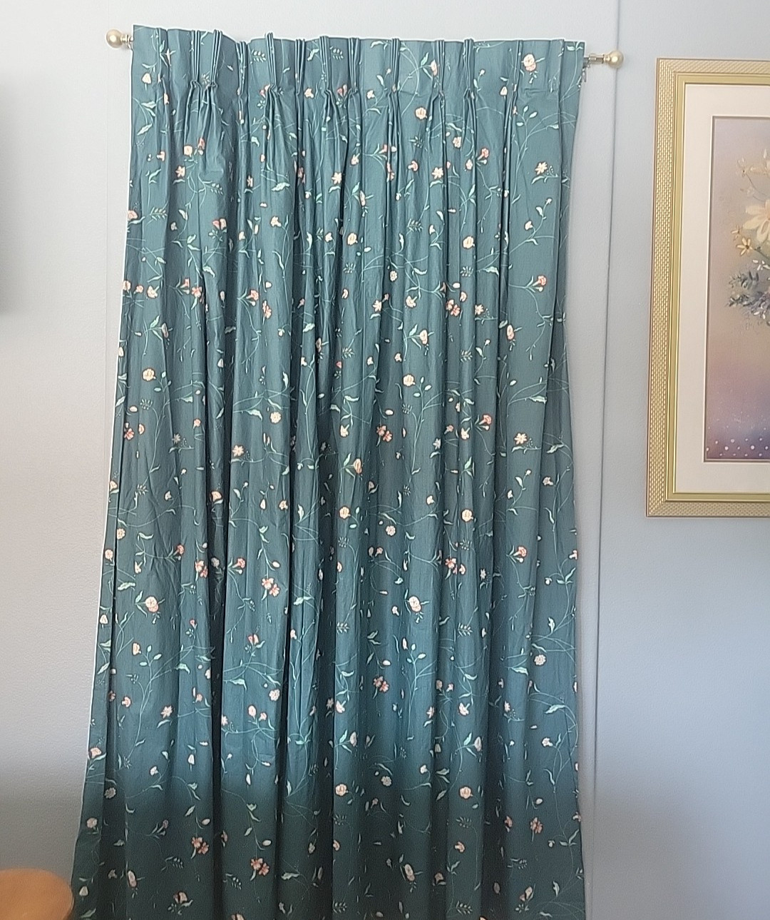 Vtg Custom Pleated Curtains Drapes Givenchy Green Floral Lined Cotton 100″x82″