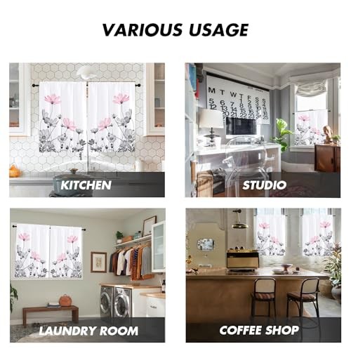 Pink and Gray Floral Kitchen Curtains Mini 27.5” W x 39” L Daisy Flowers