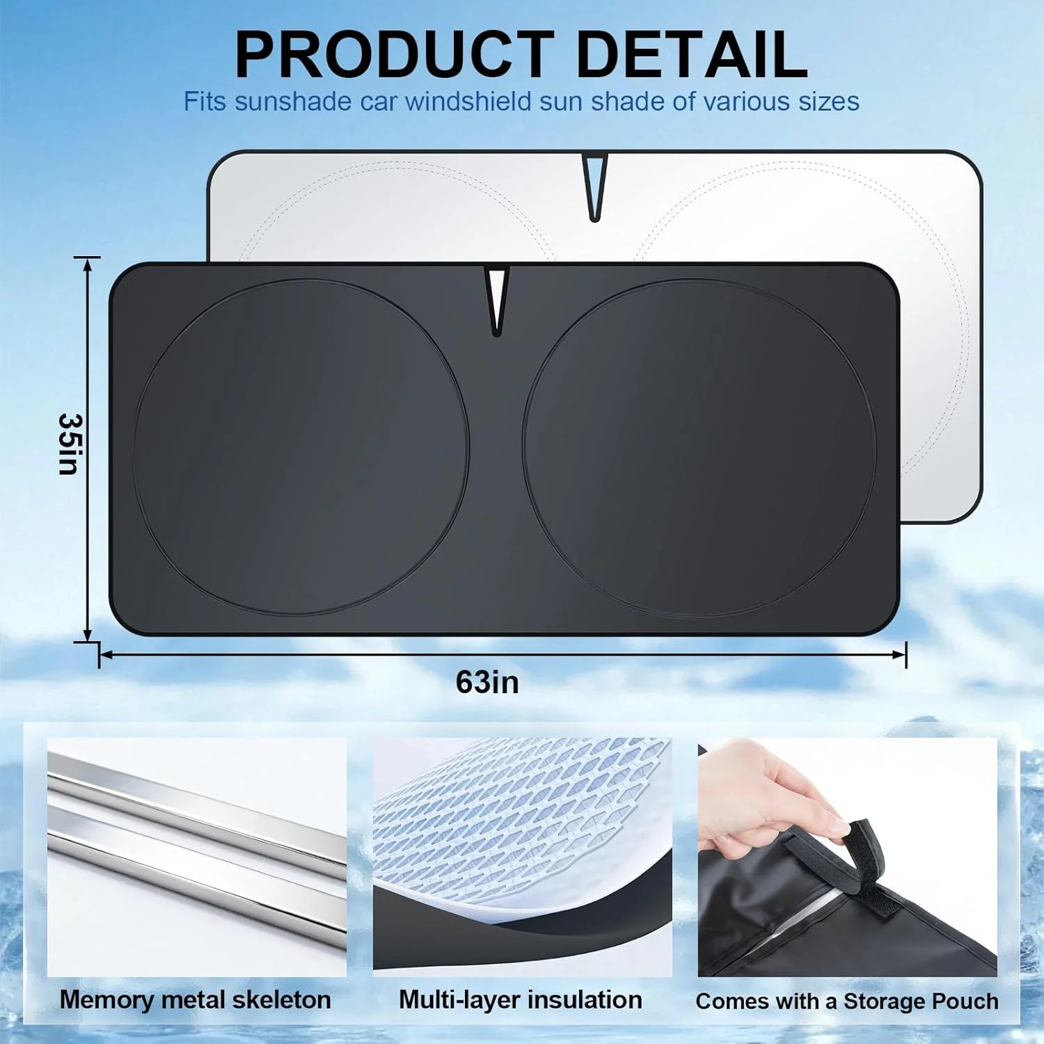 (Large63 x 35 in), Car Sun Shade Windshield – Foldable, Blocks 99% UV Rays, Sil