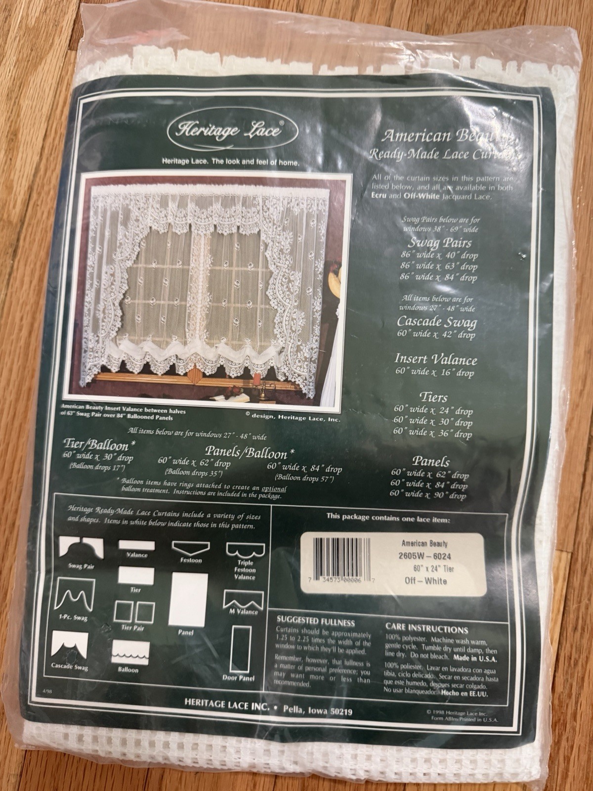 Heritage Lace Curtain- Off White 60 x 24” Tier American Beauty New In Package