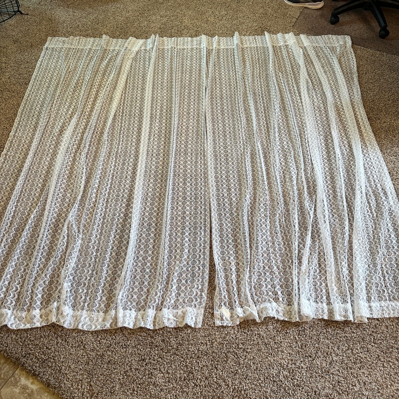 2 Vintage Curtain Panels Unisex 57×78 White Lace Sheer Geometric