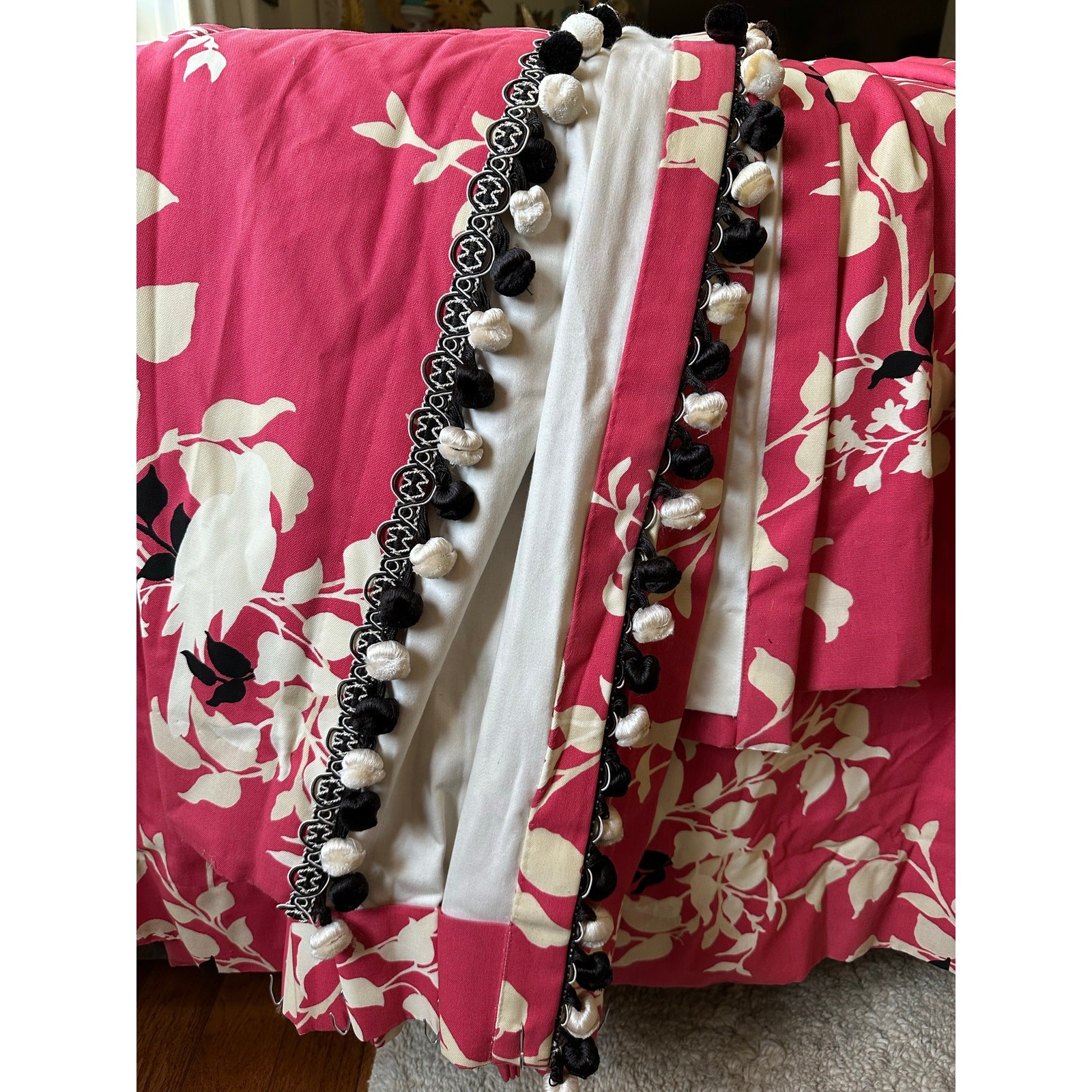 2 Custom Pair drapes pink Black White Curtains Pink Pom Poms luxury set pleated