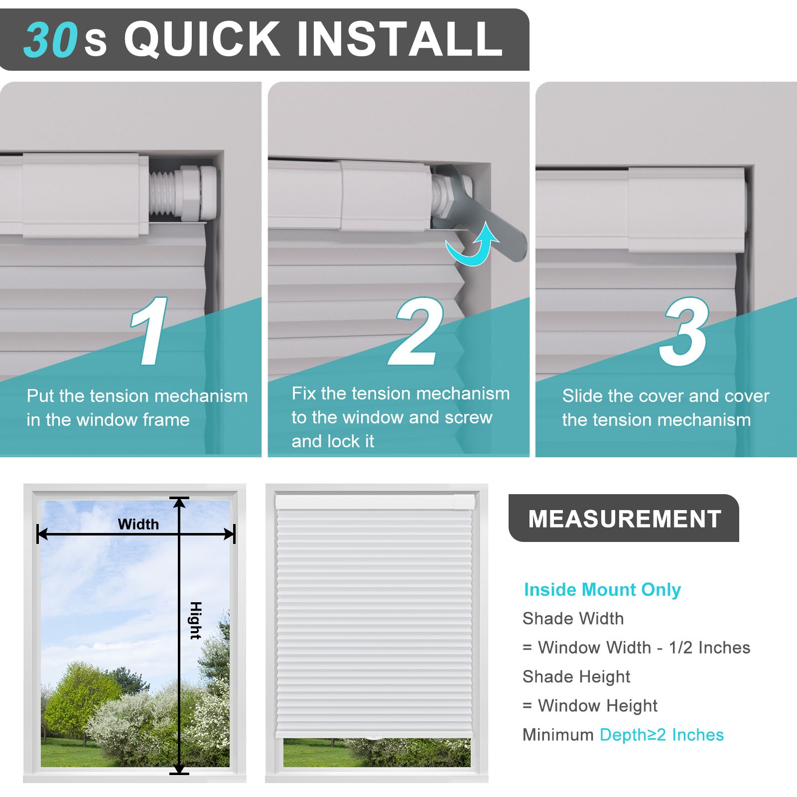 Blackout No Drill No Tools Cordless 1.5” Cellular Shades Honeycombs for Window