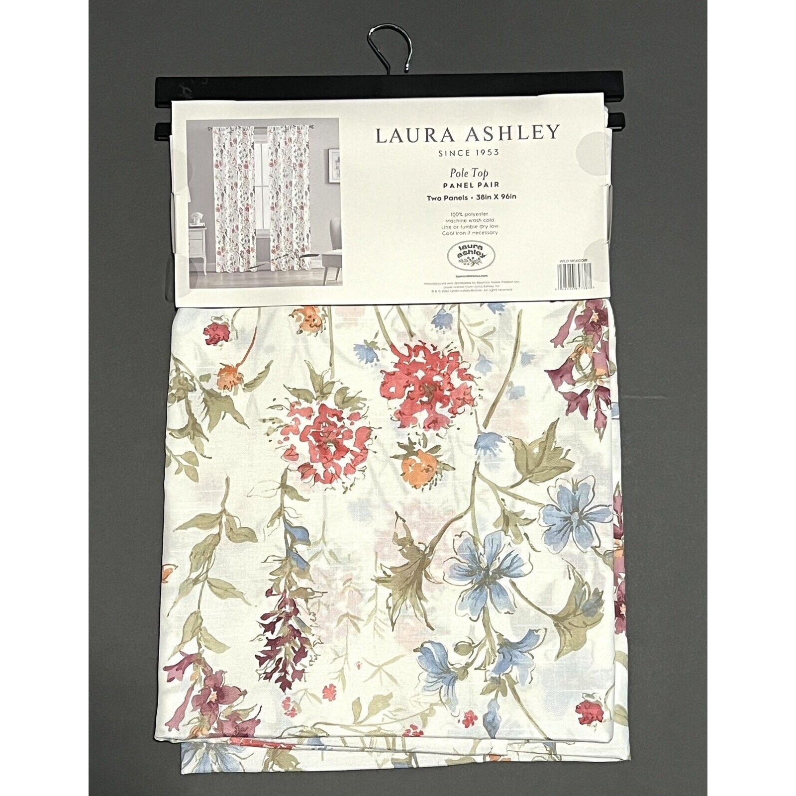 LAURA ASHLEY Wild Meadow Floral Window Curtains 2 Panels 38×96” Orange Blue Pink