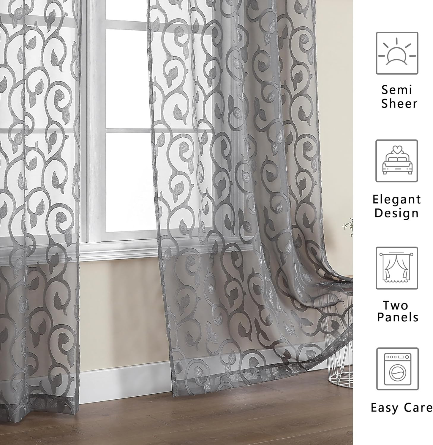 Grey Sheer Curtains 84 Inch Long 2 Panels Light Filtering Voile Window Drapes