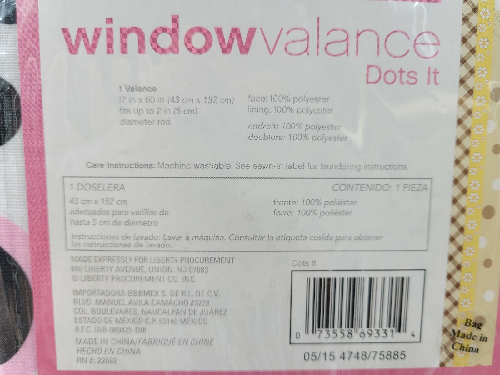 Liberty Procurement Window Valance Dots It 17″ x 60″ White Pink & Black Dots NEW