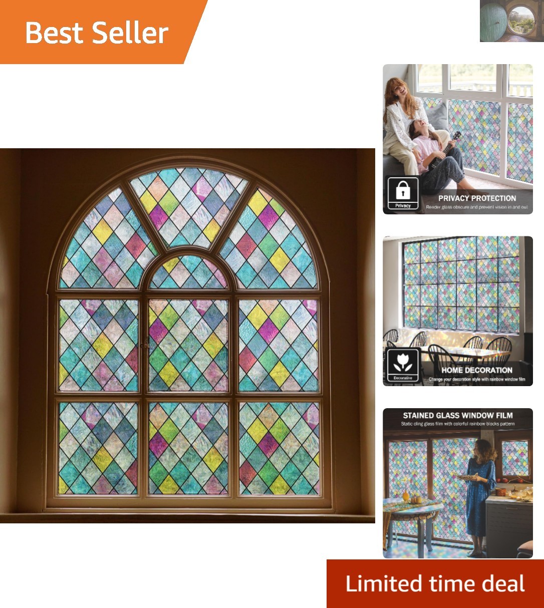 Colorful Lattice Window Tint: UV-Blocking Stained Glass Film 17.3 x 78.7 inches