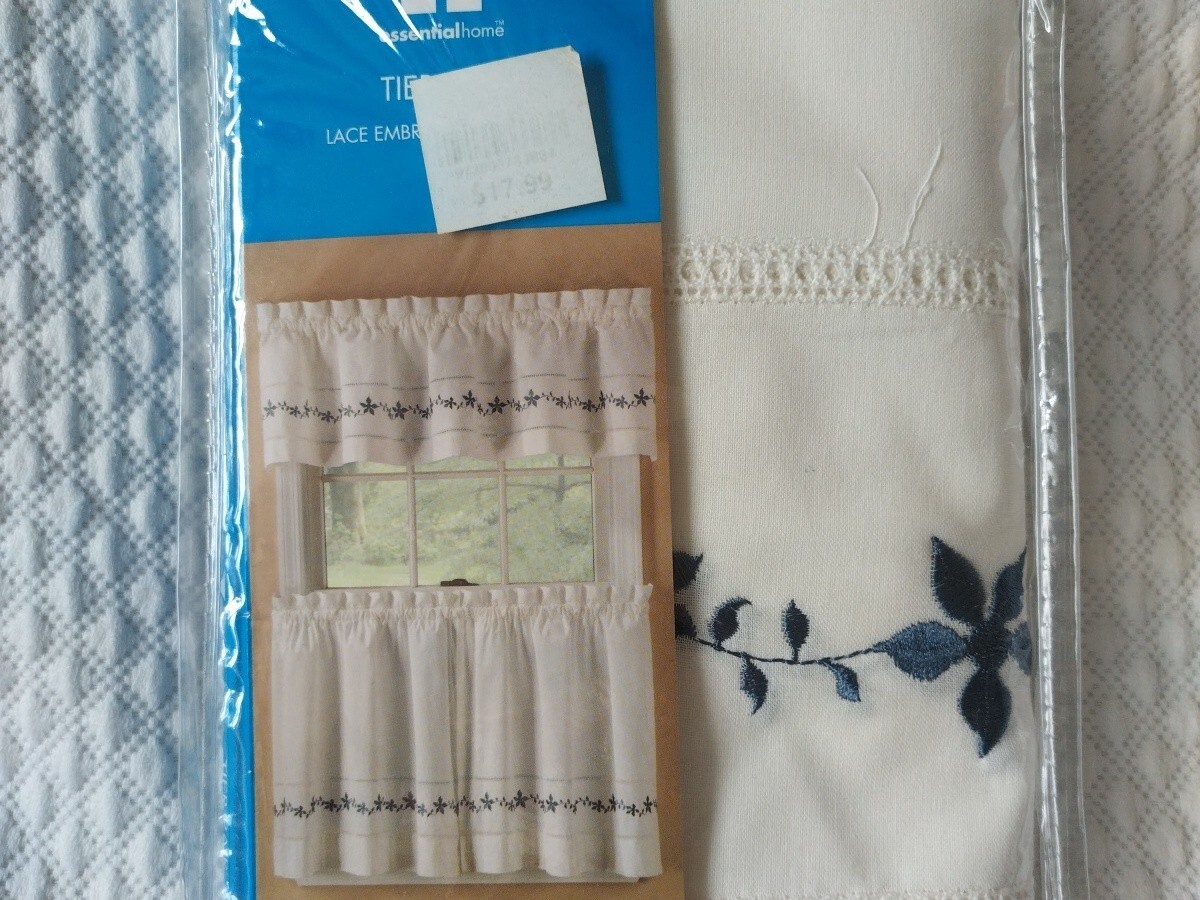 EssentialHome Valance &Tier Pair Lace Set Embroidered Floral Country Blue Ivory