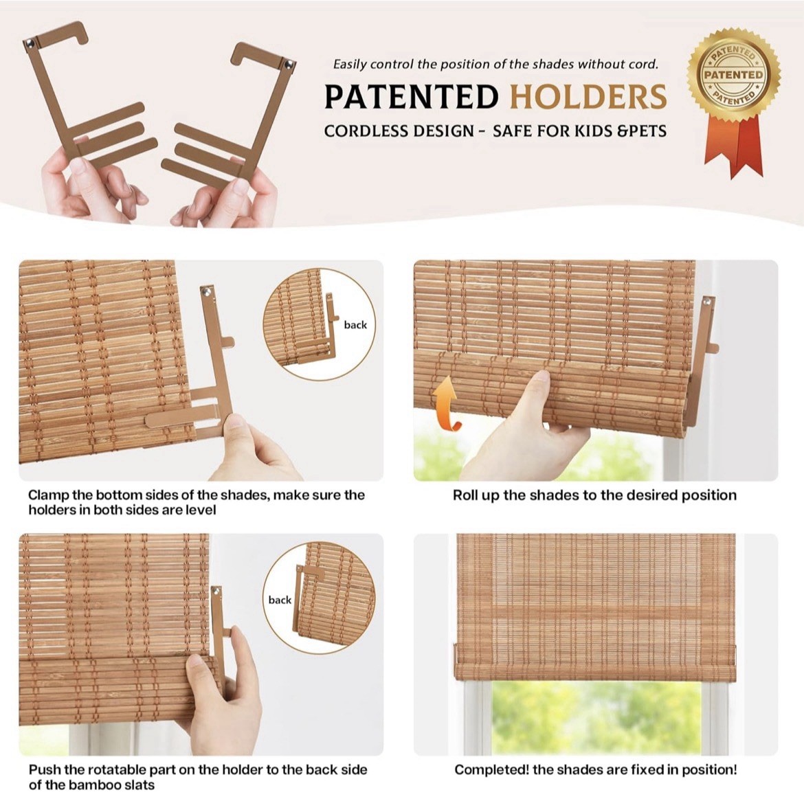 No Drill Cordless Bamboo Roller Shades 35×64 Brown Light Filtering Window Blind