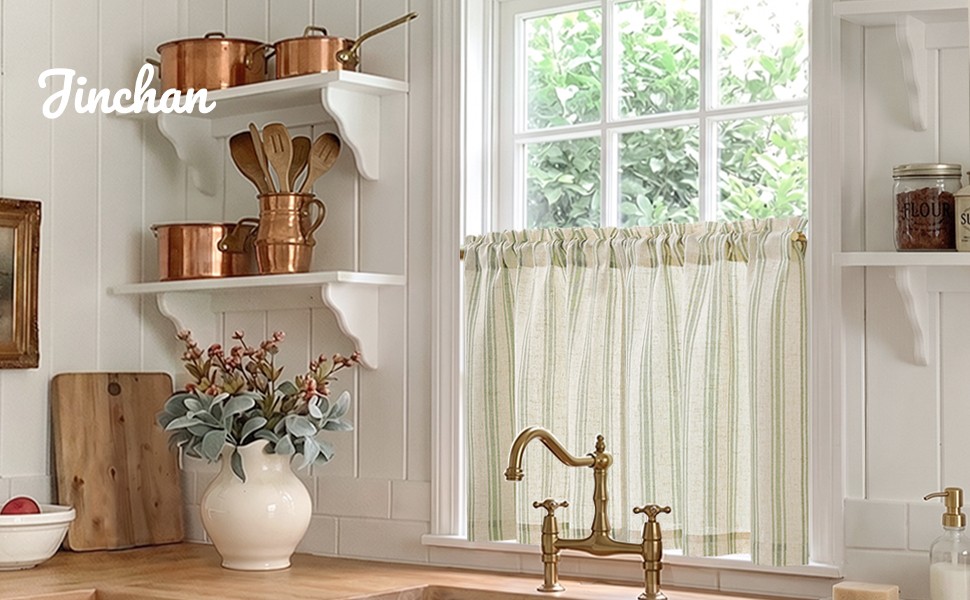 Striped Linen Kitchen Curtains 24 Inch Cafe Tier Curtains Balanced Stripe