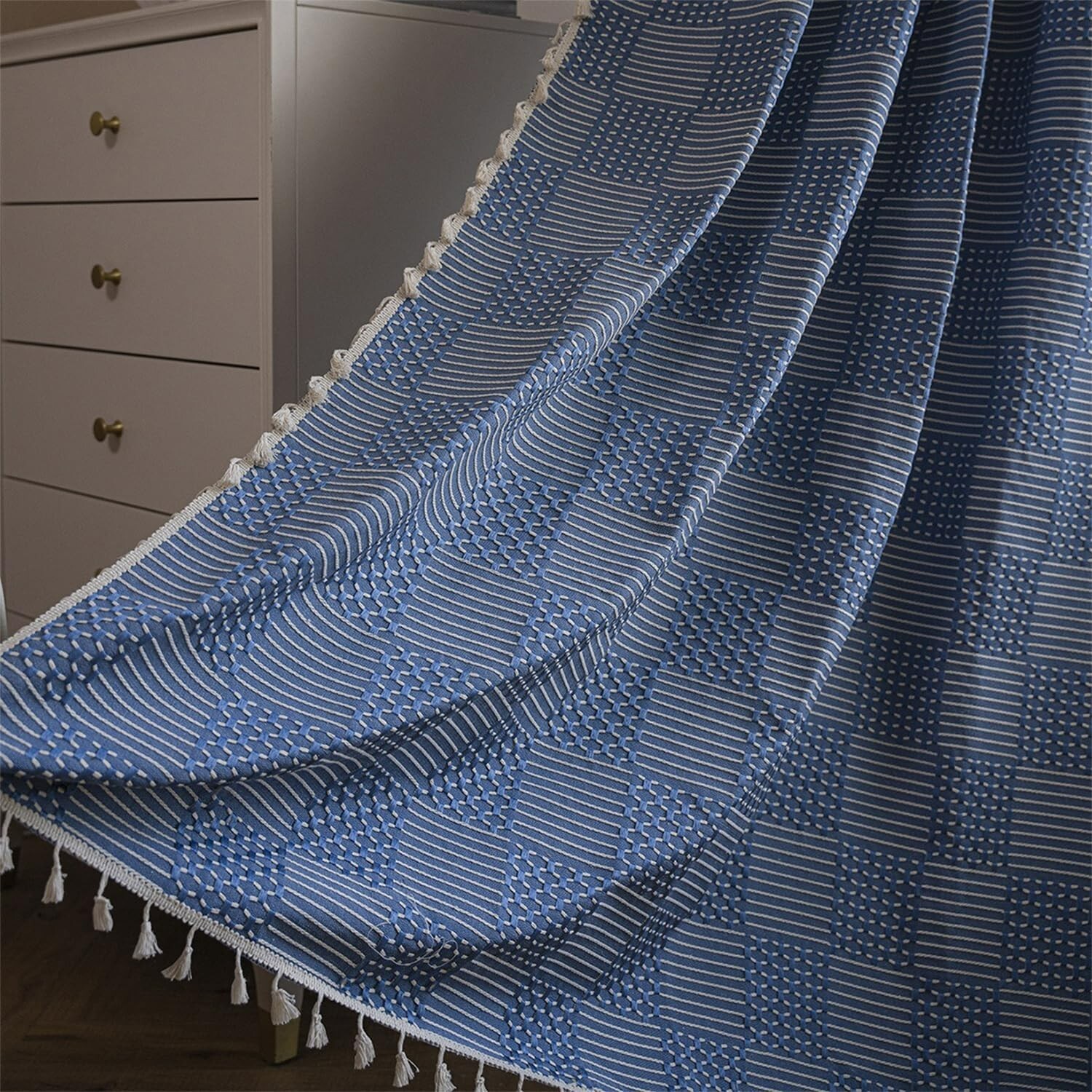 Striped Embroidered Drapes Half-Blackout Curtains with Vintaged Tassels