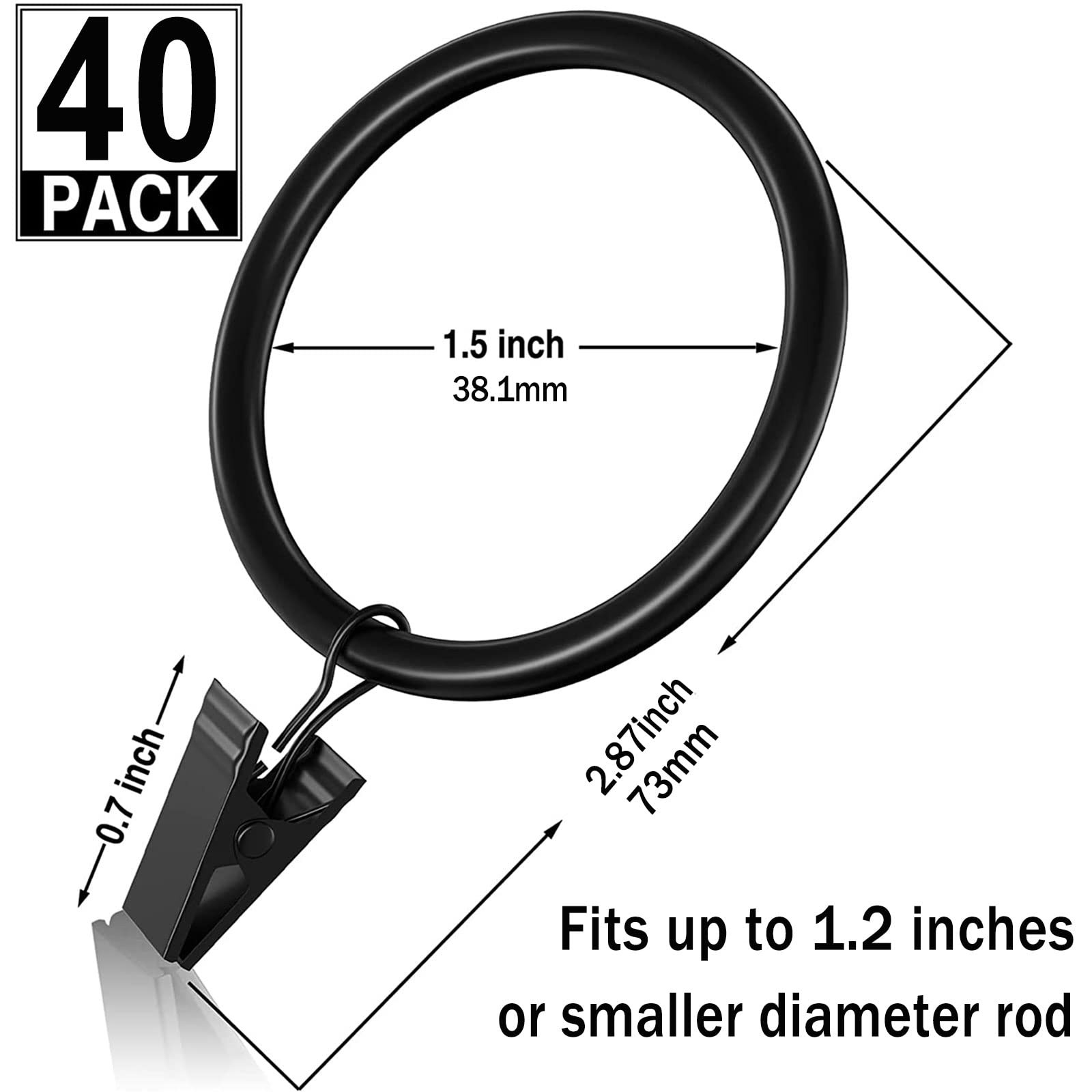 40pcs Curtain Rings with Clips Hooks 1.5 inch Rustproof Matte Metal Stainless