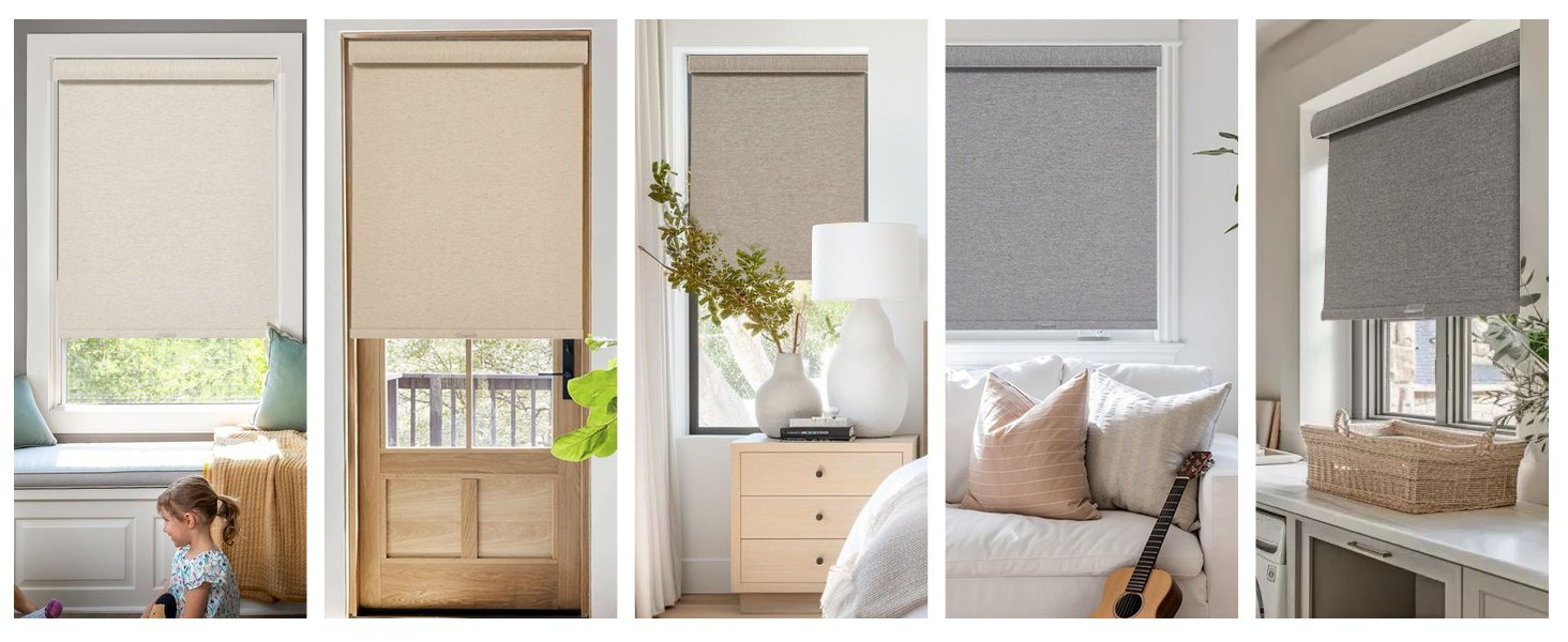 Blackout Beige Linen Natural Woven METechs Custom Size Cordless Roller Shades