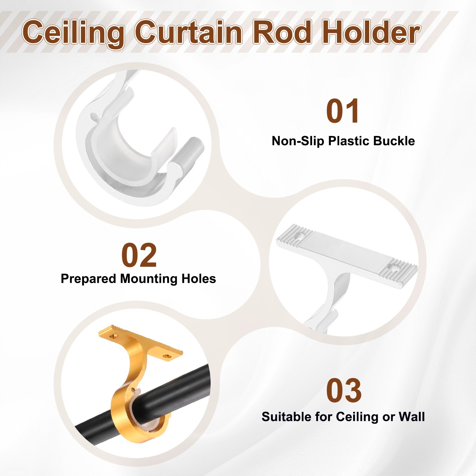 8Pcs Ceiling Curtain Rod Holder Single Drapery Bracket for 1″ Rod White