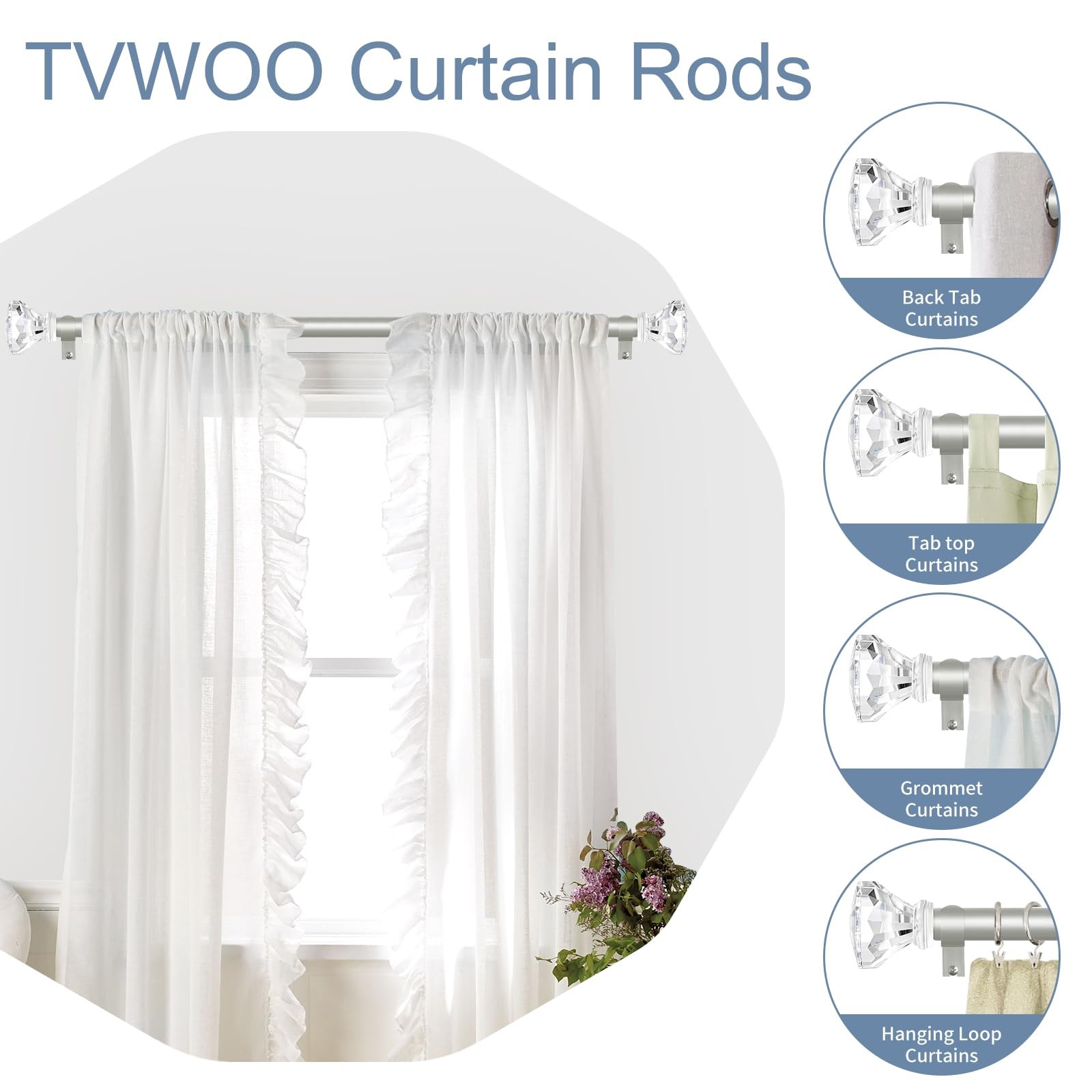 Silver Decorative Crystal Curtain Rods 18 to 45 InchHeavy Duty Adjustable Win…
