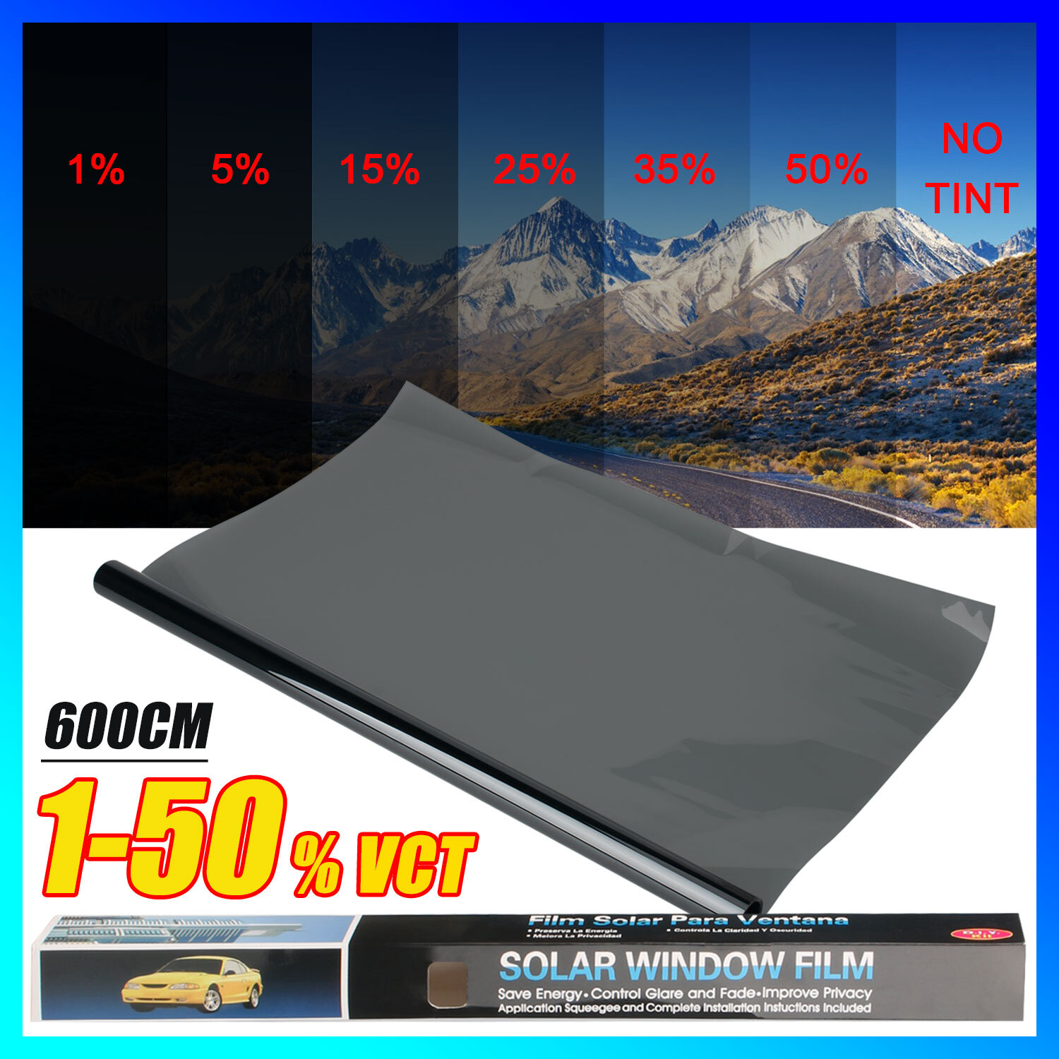 5% 15% 25% 35% VLT Uncut Window 20″ x 10ft Roll Tint Film Car Office Commercial
